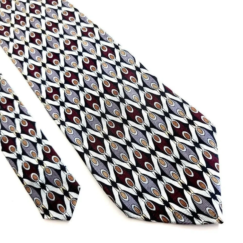 Martin Wong Red Silver Tan Print Short Wide Silk Tie